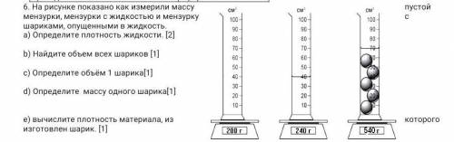 6. На рисунке показано как измерили массу пустой мензурки, мензурки с жидкостью и мензурку с шарикам