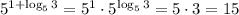 5^{1+\log_5 3} = 5^1 \cdot 5^{\log_5 3} = 5\cdot 3 = 15