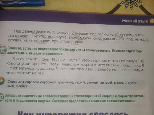 Спишите, вставляя подходящие по смыслу имена прилагательные. Укажите падеж при лагательных, выделите