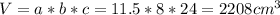 V=a*b*c=11.5*8*24=2208cm^{3}