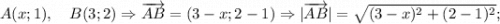 A(x; 1), \quad B(3; 2) \Rightarrow \overrightarrow {AB}=(3-x; 2-1) \Rightarrow |\overrightarrow {AB}|=\sqrt{(3-x)^{2}+(2-1)^{2}};