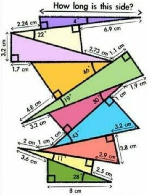 Тригонометрия. Какую длину (гипотенузу) имеет верхний темно-фиолетовый треугольник.