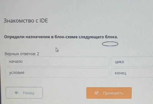 Определи назначение в блок-схеме следующего блока. Верных ответов: 2началоЦИКЛусловиеконец- НазадС П