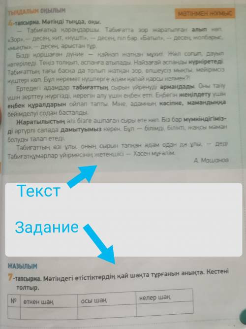 7 тапсырма. Мәтіндегі етістіктердің қай шақта тұрғанын анықта. Кестені толтыр. Өткен шақ. Осы шақ. К