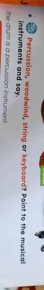 Percussion,woodwind,string or keyoboard?Point to the musicial instruments and say.​