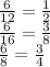 \frac{6}{12} = \frac{1}{2} \\ \frac{6}{16} = \frac{3}{8} \\ \frac{6}{8} = \frac{3}{4}