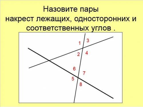 Назовите пары накрест лежащих, односторонних и соответственных углов