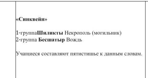 Синквейн»1-группаШиликтыНекрополь (могильник)2- составляютпятистишье к данным словам​