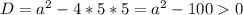 D = a^{2} - 4 * 5 * 5 = a^{2} - 100 0