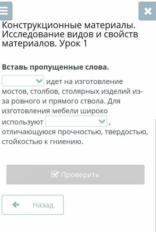 Конструкционные материалы. Исследование видов и свойств материалов. Урок 1 Вставь пропущенные слова.