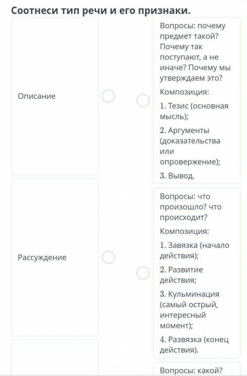 Соотнеси тип речи и его признаки.​