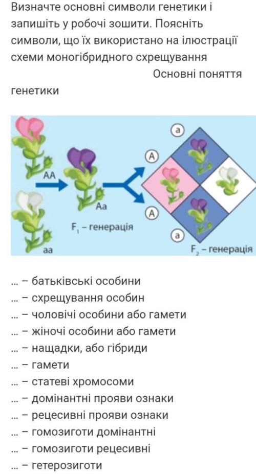 ОЧЕНЬ Визначте основні символи генетики і запишіть у робочий зошит .Поясніть символи ,що їх використ