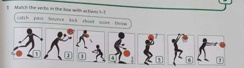 1 Match the verbs in the box with actions 1-7. catch pass bounce kick shootshoot score throw12345672