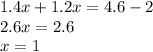 1.4x + 1.2x = 4.6 - 2 \\ 2.6x = 2.6 \\ x = 1