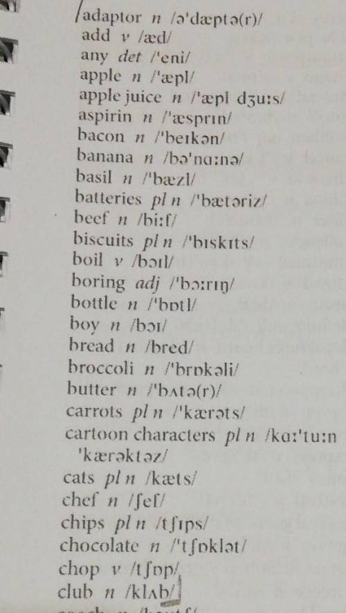 Adaptor n la'dapta(r) add v lædany det Meniapple n l'apl/apple juice n l'æpi dzu:s/aspirin n læsprin