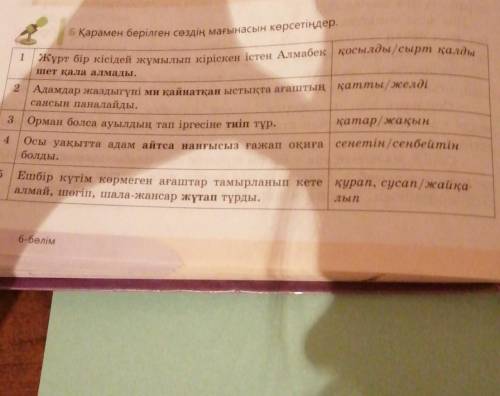 1 Жұрт бір кісідей жұмылып кіріскен істен Алмабек қосылды/сырт қалды6 Қарамен берілген сөздің мағына