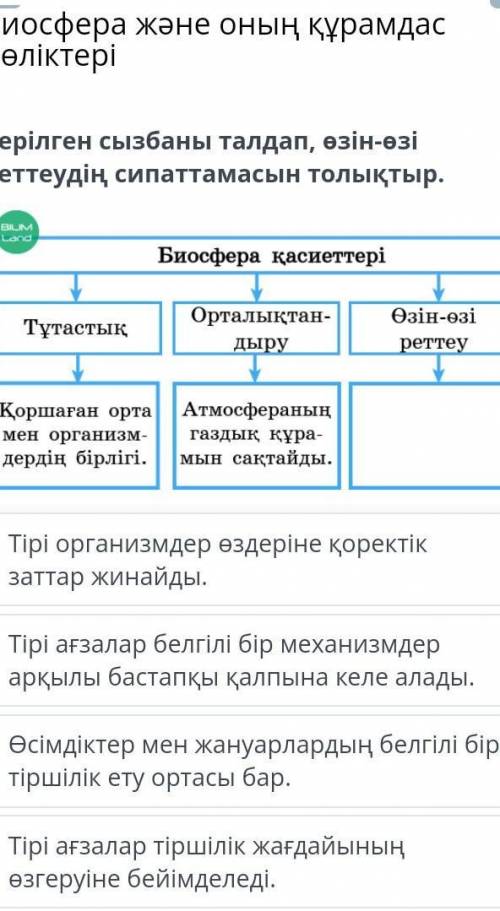 Биосфера және оның құрамдас бөліктеріБерілген сызбаны талдап, өзін-өзіреттеудің сипаттамасын толықты