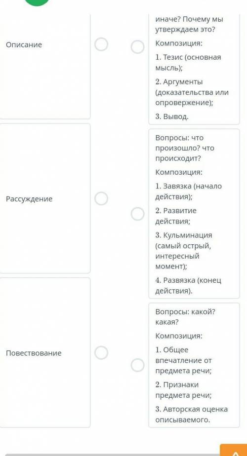 Соотнести тип речи и его признаки описание рассуждение повествованием​