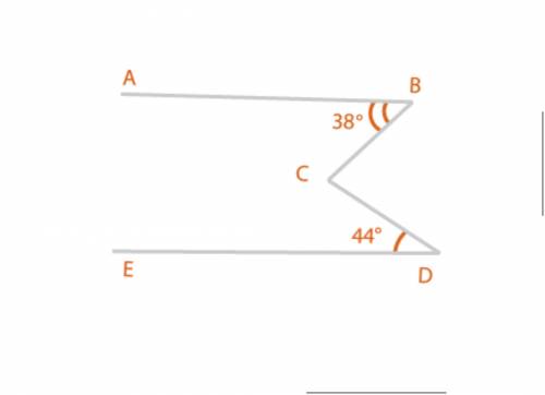 Знайдіть градусну міру ∠BCD, якщо AB||DE, ∠ABC = 38°, ∠CDE = 44°.