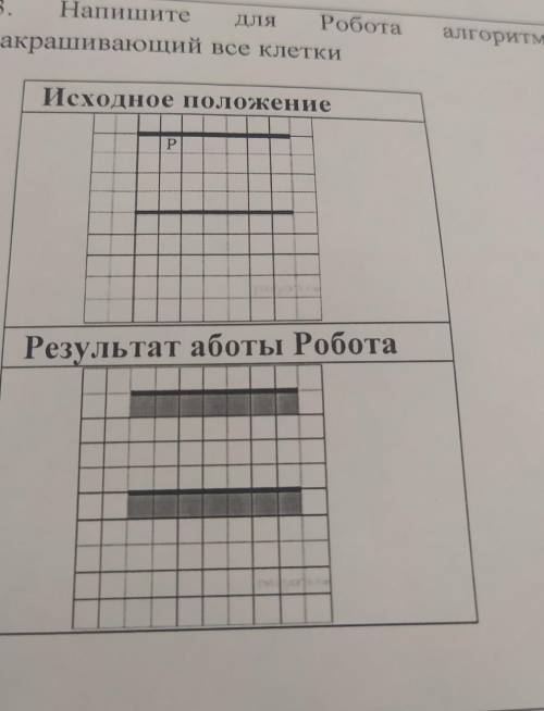 3. Напишите ДЛЯ Роботазакрашивающий все клеткиалгоритм,Исходное положениеР P.Результат аботы Роботао