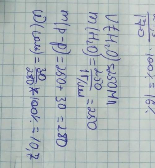 У воді об’ємом 250 мл розчинили сіль масою 30 г. Визначити масову частку солі в отриманому розчині,