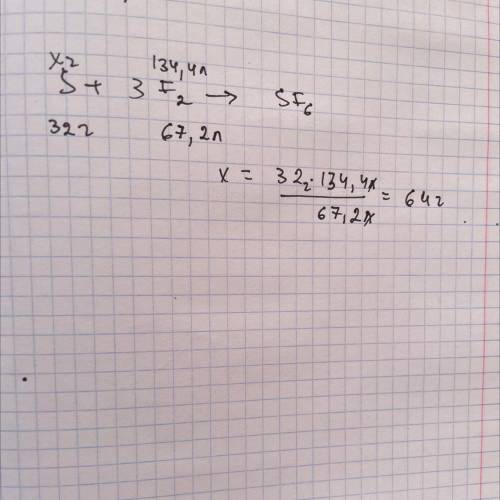 Сколько граммов серы взаимодействует с 134,4 л. (н.у.) фтора? ​