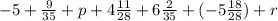 - 5 + \frac{9}{35} + p + 4 \frac{11}{28} + 6 \frac{2}{35} + ( - 5 \frac{18}{28} ) + r