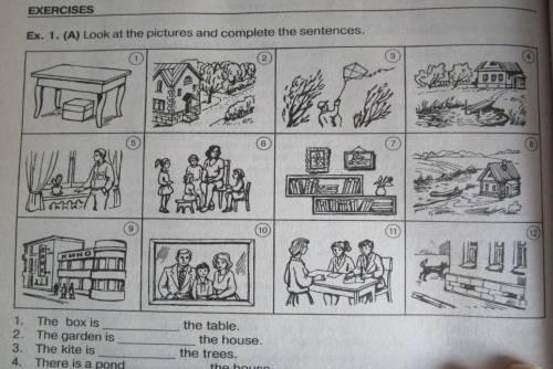 1. The box is the table. 2. The garden is the house. 3. The kite is the trees. 4. There is a pond t