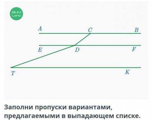 На рисунке ∠DCB = 143°, ∠DTK = 20°, ∠TDF = 160°, ∠TDC = 163°. Заполни пропуски вариантами, предлагае