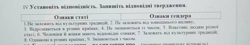 Установіть відповідність. Запишіть відповідні твердження. Ознаки статіОзнаки гендера1.Не залежить ві