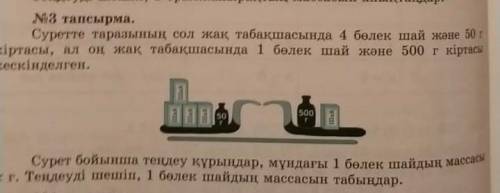 3 тапсырма. Суретте таразының сол жақ табақшасында 4 бөлек шай және 50кіртасы, ал оң жақ табақшасынд