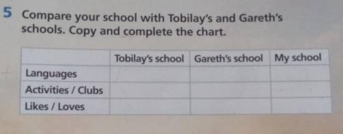 5 Compare your school with Tobilay's and Gareth's schools. Copy and complete the chart.Tobilay's sch