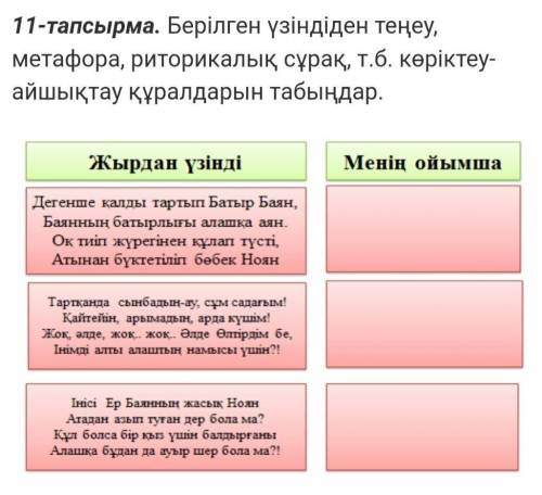 11-тапсырма.Берілген үзіндіден теңеу, метафора, риторикалық сұрақ, т.б. көріктеу-айшықтау құралдарын