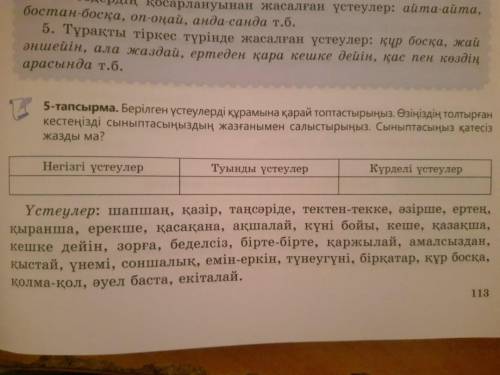 тапсырма. Берілген үстеулерді құрамына қарай топтастырыңыз. Өзіңіздің толтырған кестеңізді сыныптасы