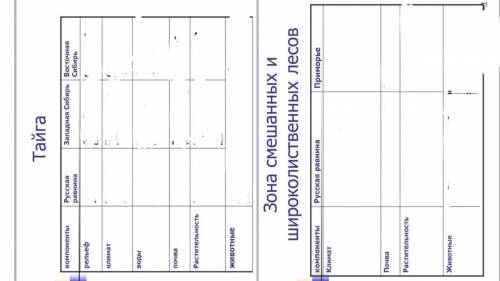 Заполнить таблицу. Тайга; зона смешанных и широколиственных лесов.