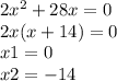 2 {x}^{2} + 28x = 0 \\ 2x( x + 14) = 0 \\ x1 = 0 \\ x2 = - 14