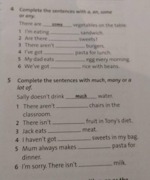 Some 4 Complete the sentences with a, an, someor any.There arevegetables on the table.1 I'm eatingsa