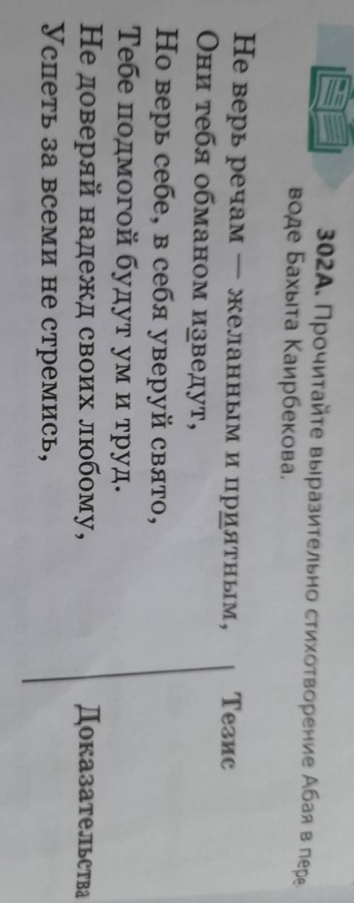 302A. Прочитайте выразительно стихотворение Абая в пере- воде Бахыта Каирбекова.ТезисНе верь речам -