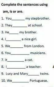 Complete the sentences using am, is or are. 1. You __ my stepbrother. 2. They__ at school. 3. He __m