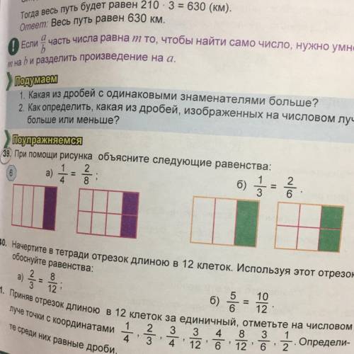 39. При рисунка объясните следующие равенства: A 1/4=2/8 Б 1/3=2/6