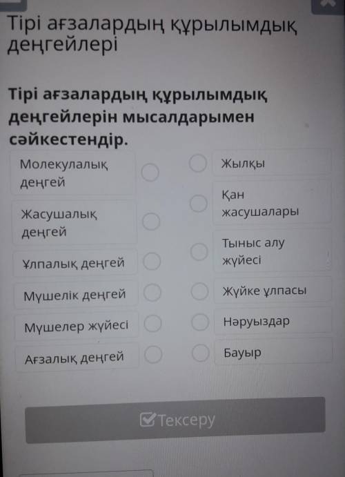 Тірі ағзалардың құрылымдық деңгейлерін мысалдарыменсәйкестендір.МолекулалықЖылқыдеңгейҚанЖасушалықжа