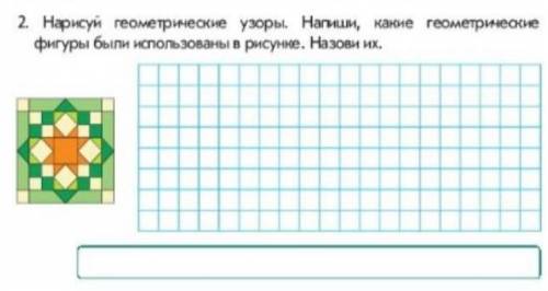 2. Нарисуй геометрические узоры. Напиши, какие геометрическиефигуры были использованы в рисунке. Наз