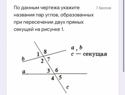 По данным чертежа укажите названия пар углов, образованных при пересечении двух прямых секущей на ри