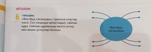 АЙТЫЛЫМ 6-тапсырма.«Фастфуд тағамдары» тіркесіне кластержаса. Сол сөздерді қатыстырып, сөйлемқұра. С