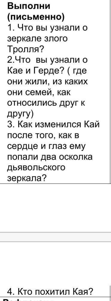 1. Что вы узнали о зеркале злого Тролля? 2.Что вы узнали о Кае и Герде? ( где они жили, из каких они