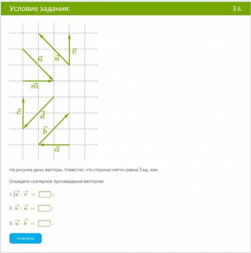 На рисунке даны векторы. Известно, что сторона клетки равна 2 ед. изм. Определи скалярное произведен