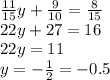 \frac{11}{15} y + \frac{9}{10} = \frac{8}{15} \\ 22y + 27 = 16 \\ 22y = 11 \\ y = - \frac{1}{2} = - 0.5