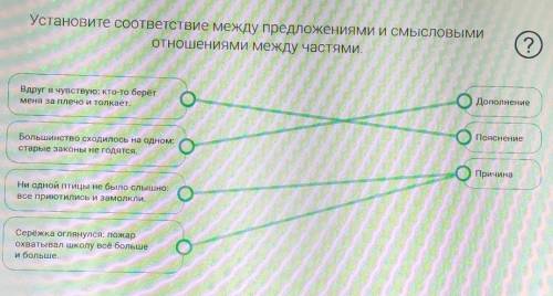 Установите соответствие между предложениями и смысловыми отношениями между частями.​