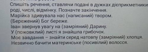 Спишіть речення, ставляючи подані в дужках дієприкметники в потрібному роді, числі, відмінку. Познач