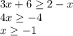 3x+6\geq 2-x\\4x\geq -4\\x\geq -1